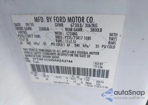 2010 Ford F-150 Stx/Xl/Xlt из США, поврежденный, VIN 1FTMF1CW5AKE62744